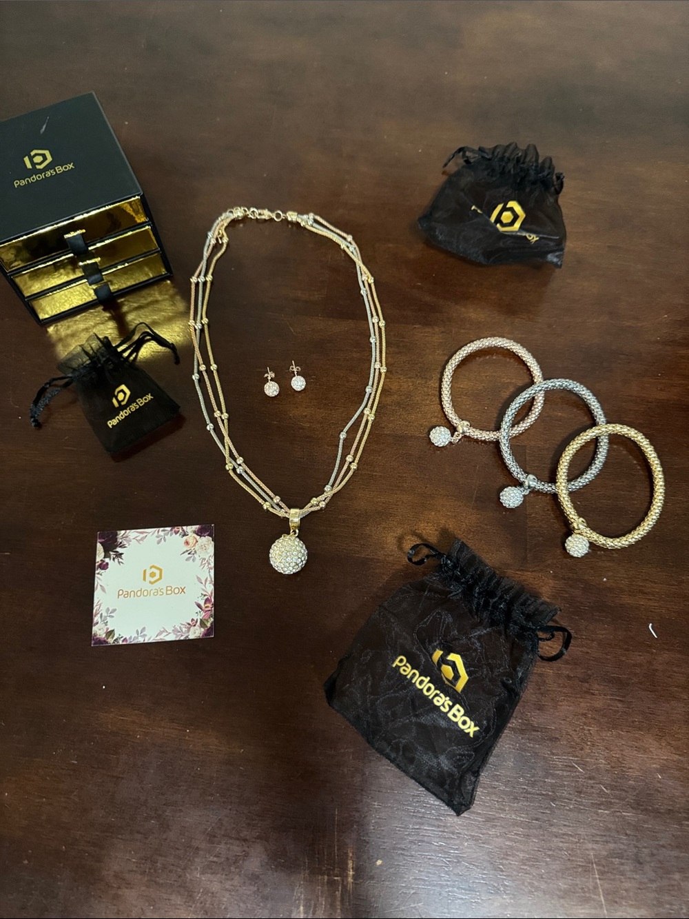 Pandora’s Box Gold, Silver & Rose Gold Pendant Necklace, earrings & bracelet set